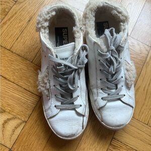 Golden Goose white shearling sneakers